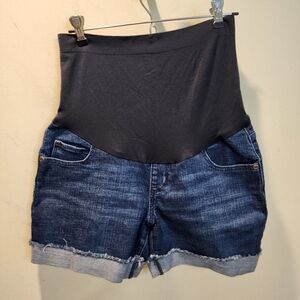 Sonoma maternity denim shorts with a full-coverage belly band and cuffed raw hem